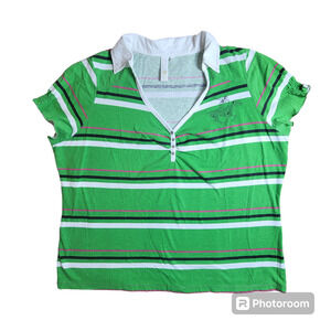 Beverly Hills Polo Club Green Striped Polo Shirt 90's Vibes Women's Size 2X